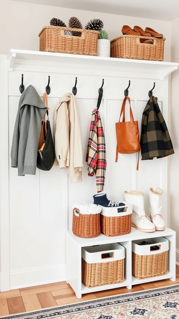 Organized entryway with winter gear storage, featuring hooks for coats and baskets for boots.