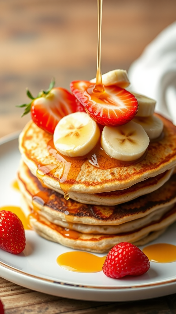 Stack of protein pancakes topped with sliced bananas and strawberries, drizzled with syrup.