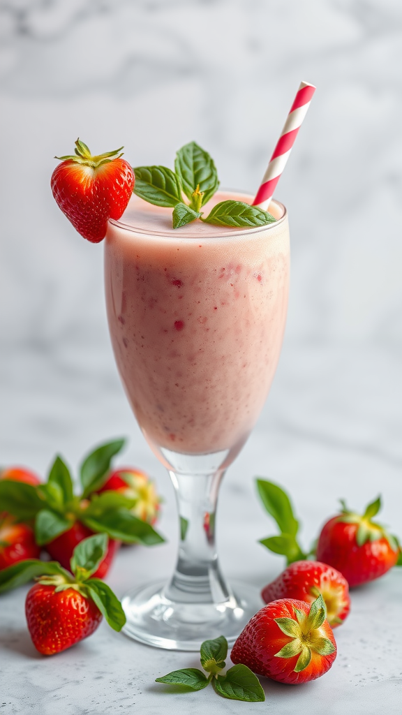 A delicious strawberry basil fizz drink garnished with a fresh strawberry and basil leaves, served in a glass with a straw.