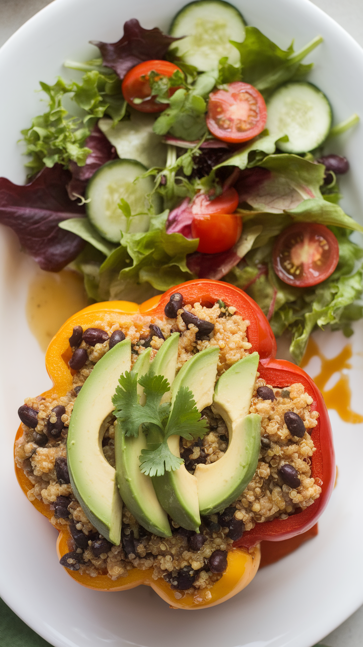 Stuffed bell peppers with quinoa and black beans, garnished with avocado and cilantro, served with a side salad.