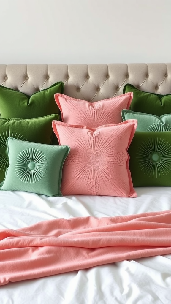 A collection of stylish green and pink pillows on a bed