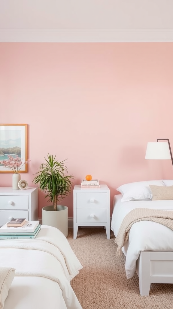 Cozy bedroom featuring a light pink accent wall, white furniture, and a plant.