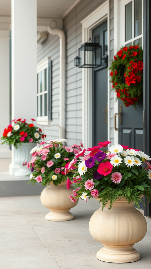 Two stylish planters with seasonal flowers on a porch, complemented by a wreath on the door.