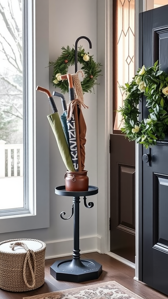 Stylish umbrella stand with colorful umbrellas in a cozy entryway