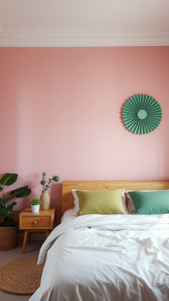 A bedroom with a pink accent wall, green throw pillows, and plants.