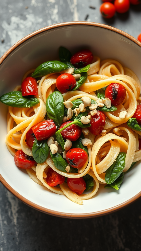 Bowl of sundried tomato and spinach pasta topped with pine nuts and fresh basil on a wooden table