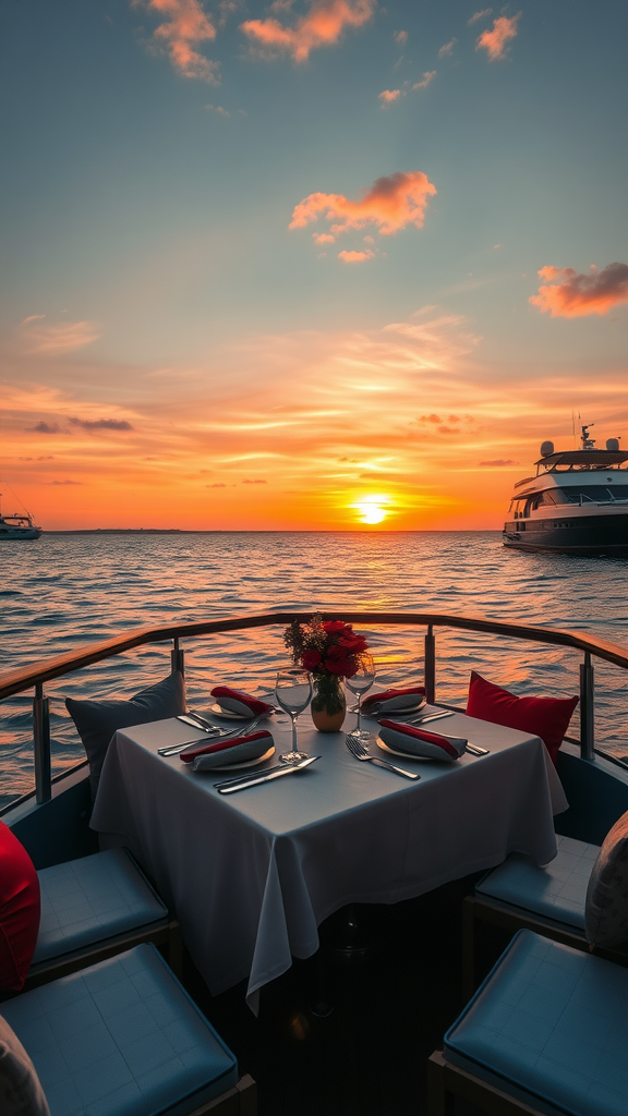 A romantic dining setup on a boat during sunset, with a beautifully set table overlooking the water.