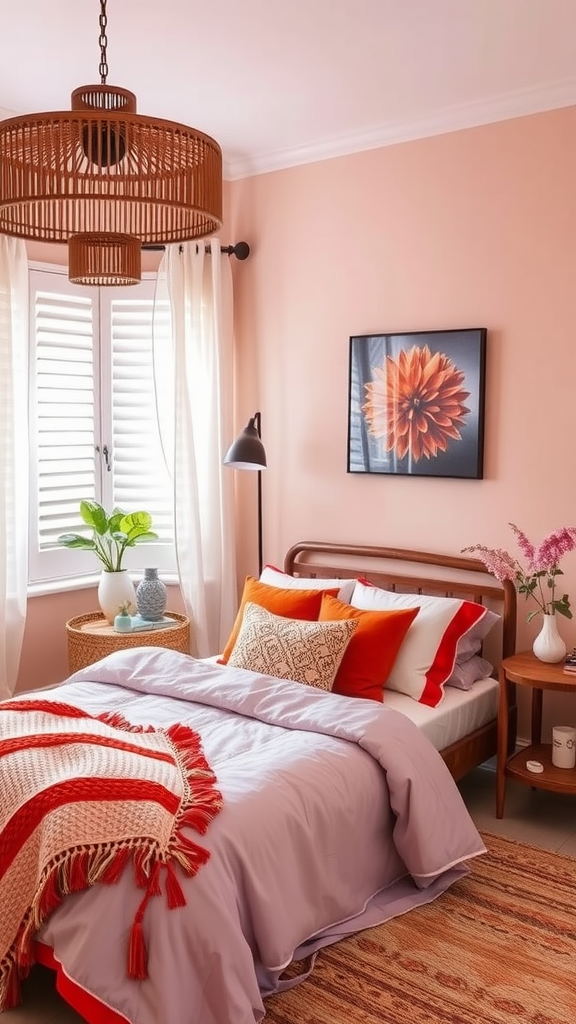 A cozy bedroom featuring sunset inspired shades with orange and pink decor.