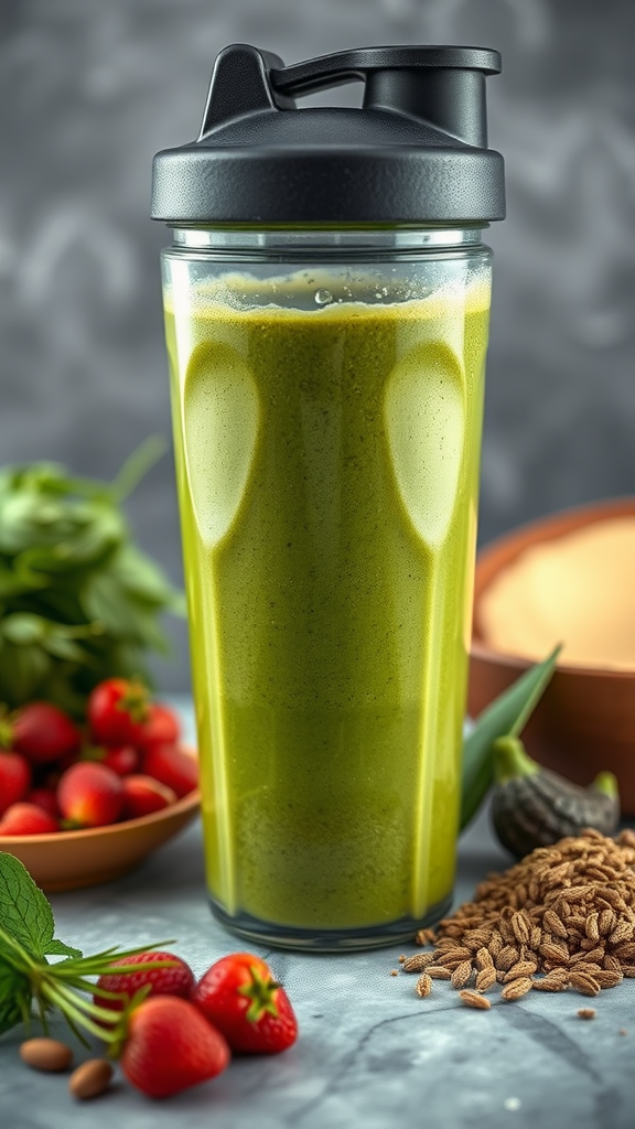 A green smoothie in a shaker cup surrounded by fresh ingredients like lemon, greens, and seeds.