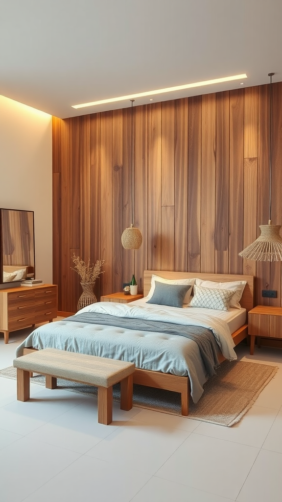 Modern bedroom with wooden walls and sustainable furniture