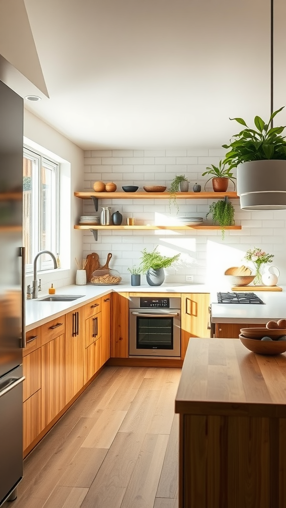 A modern kitchen featuring natural wood cabinetry, minimalist design, and green plants.