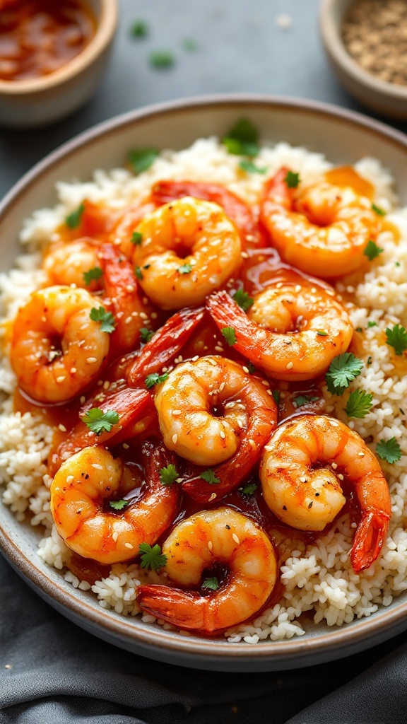 A bowl of sweet and spicy honey garlic shrimp served over rice, garnished with cilantro.