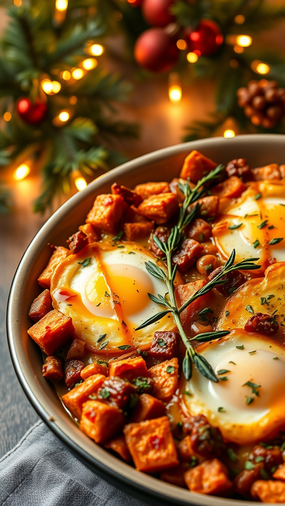 A warm sweet potato and chorizo casserole with eggs, garnished with herbs, against a festive background