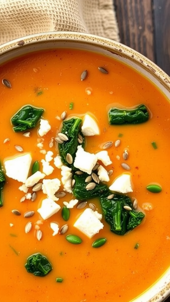 A bowl of sweet potato and kale soup topped with greens, seeds, and feta cheese.