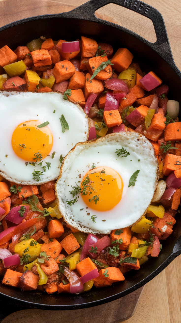 A vibrant sweet potato hash topped with fried eggs, featuring colorful diced vegetables.