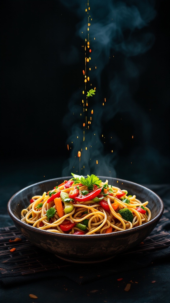 A bowl of Szechuan noodles topped with vibrant vegetables and herbs, with steam rising.