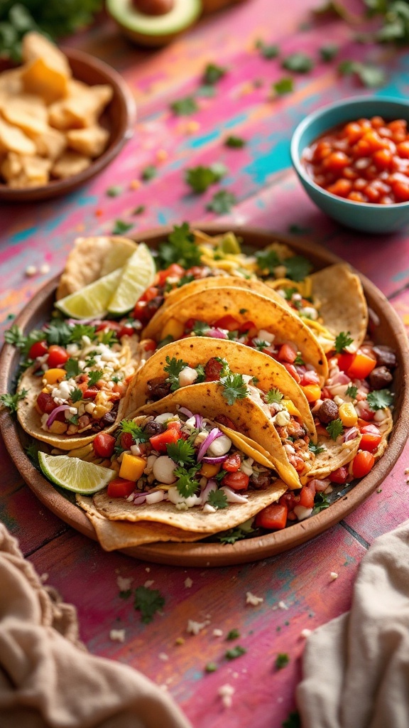 A vibrant plate of tacos topped with fresh ingredients, lime, and salsa, set on a colorful table.