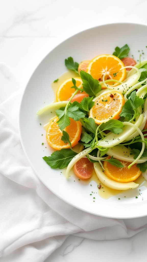 A vibrant tangerine and endive salad topped with greens and citrus slices