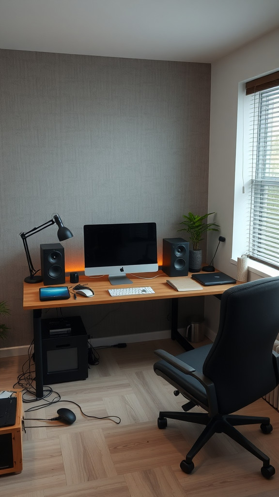 A cozy home office setup with a wooden desk, a large monitor, speakers, and a comfortable chair.