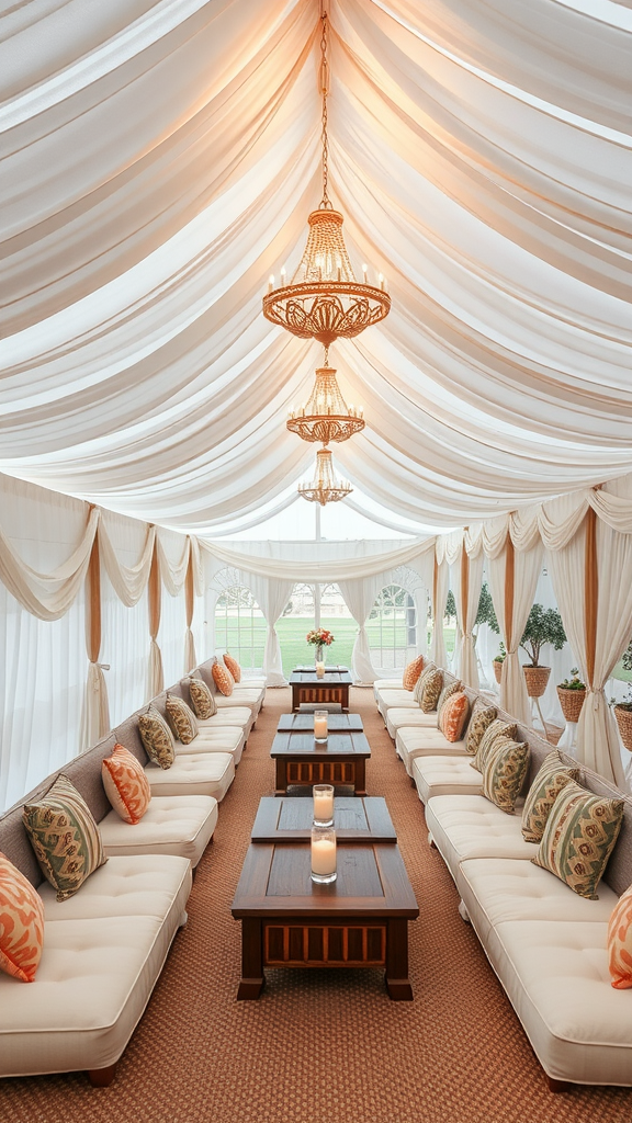 A beautifully decorated tent interior with plush cushions and elegant chandeliers.