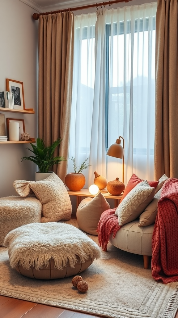 Cozy home office with textured fabrics, cushions, and natural lighting