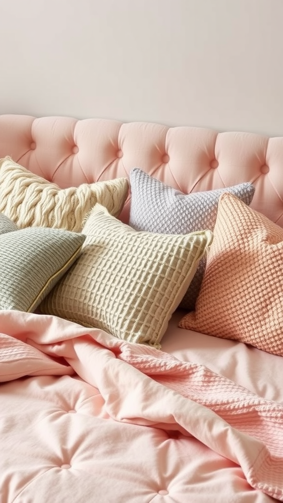 A cozy bedroom featuring various textured pink throw pillows on a light pink bedspread.