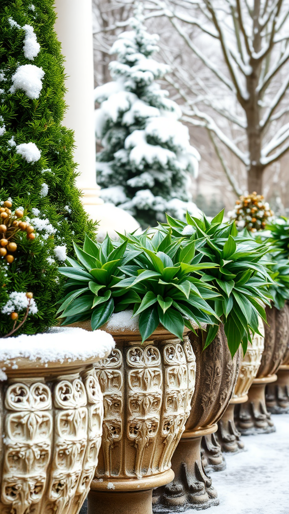 Beautiful textured planters with deep green foliage and snowy background