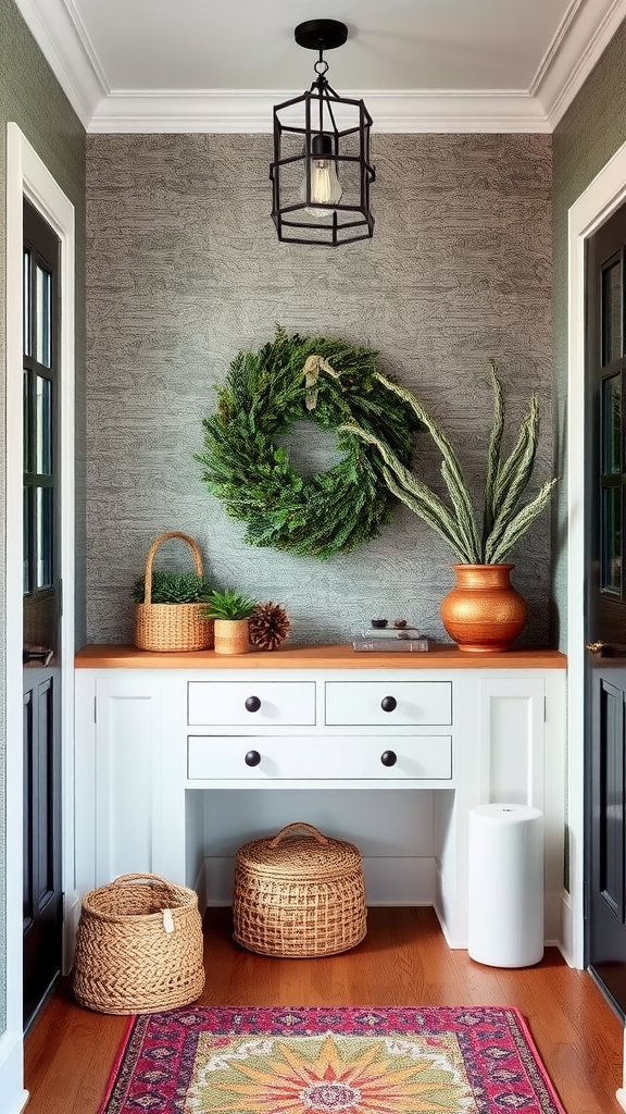 A cozy entryway featuring a textured wall, wooden table with a wreath, and decorative plants.