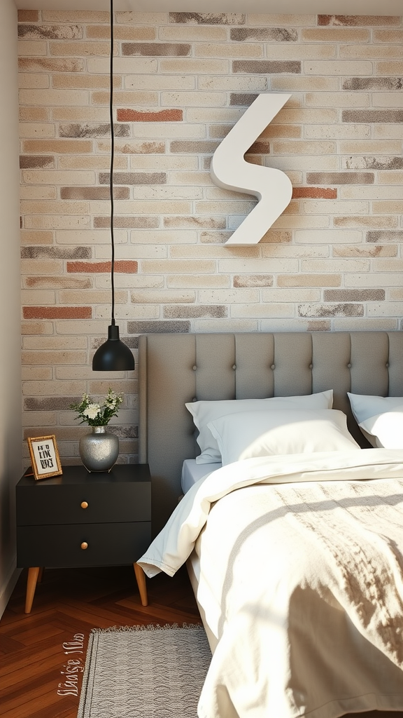 A modern bedroom featuring a textured brick wall, elegant bed, and stylish nightstand.