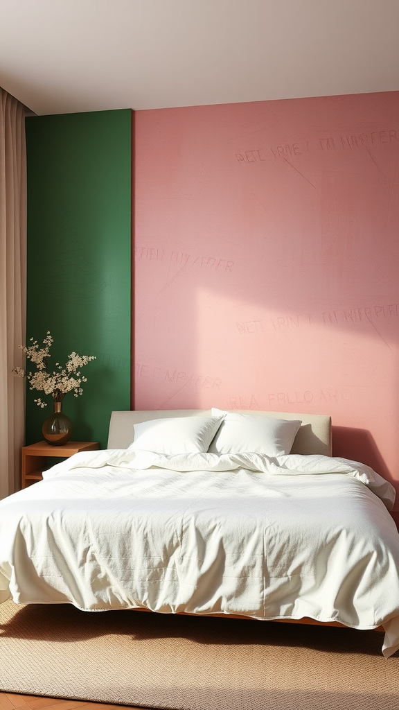 A cozy bedroom featuring a green and pink textured wall with a white bed and wooden furniture.