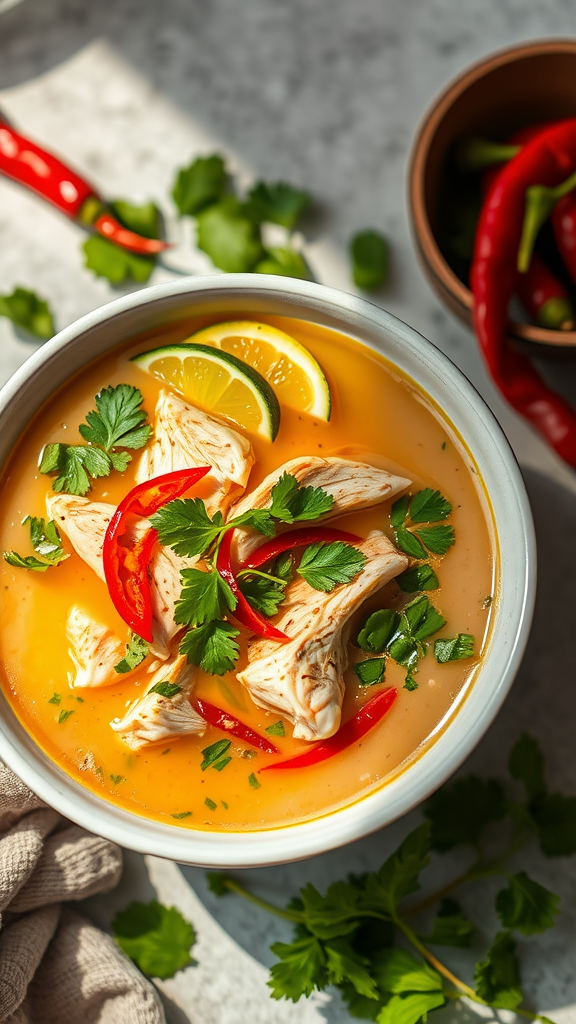 Bowl of Thai Coconut Chicken Soup with chicken pieces, lime slices, and fresh herbs.