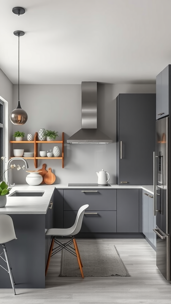 Modern kitchen featuring gray cabinets and decor