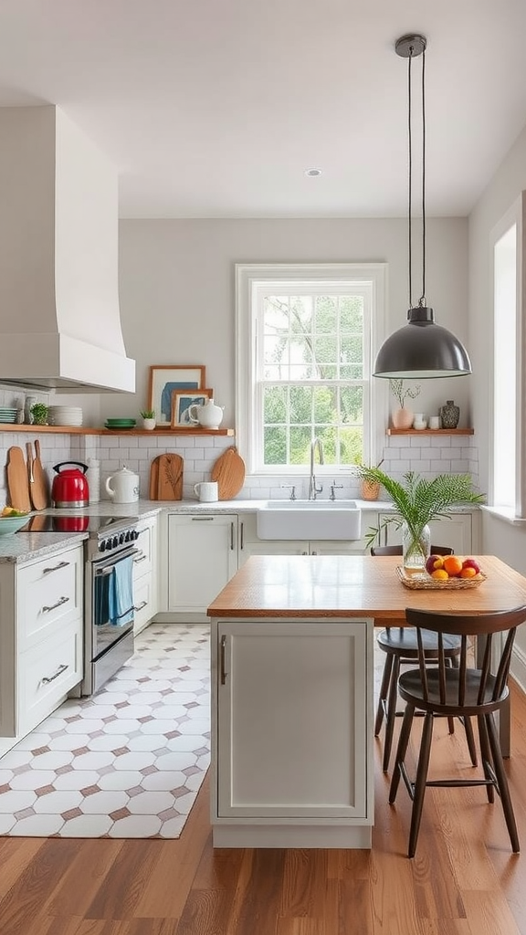 A modern kitchen featuring a table with fruits, a window, and minimalist decor.