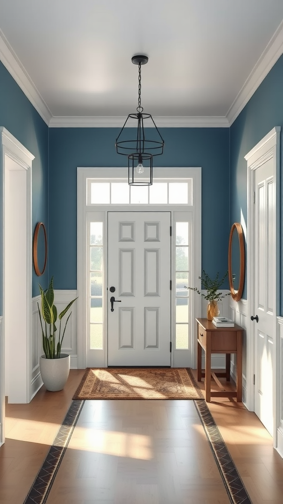 A thoughtfully designed entryway with blue walls, a white door, and decorative elements.