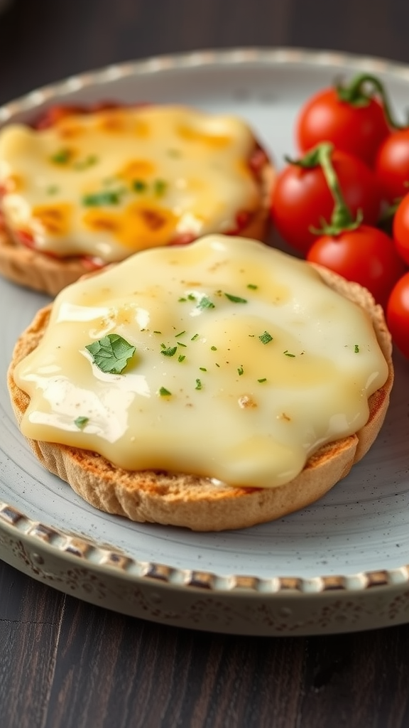 Toasted English muffin with melted cheese and a slice of meat, served with cherry tomatoes on a plate.