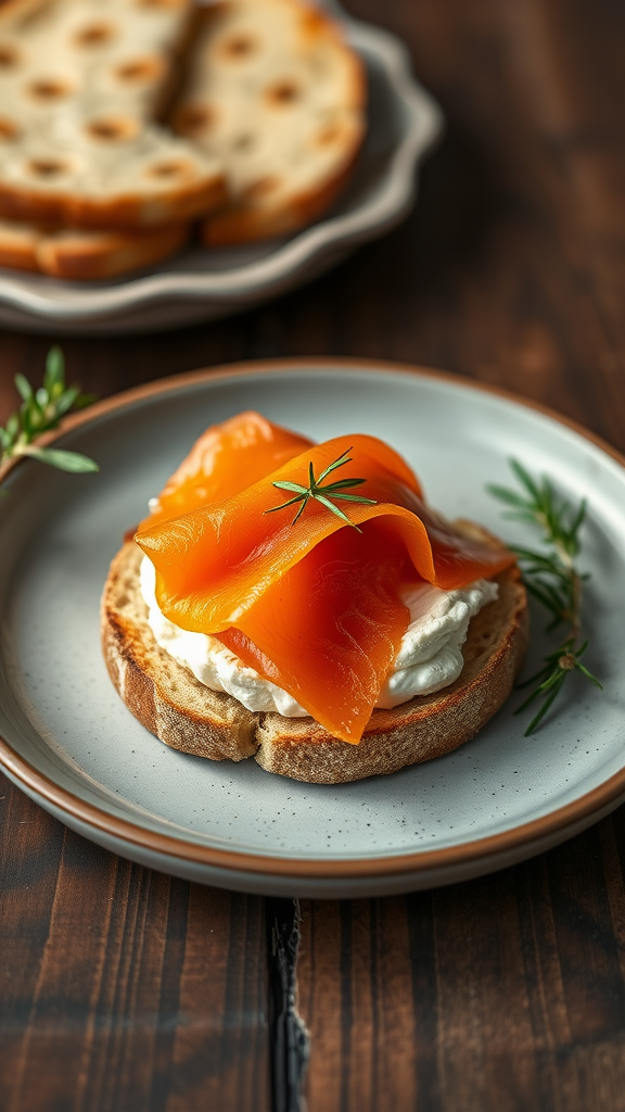 Toasted English muffin topped with cream cheese and slices of smoked salmon, garnished with a sprig of rosemary.