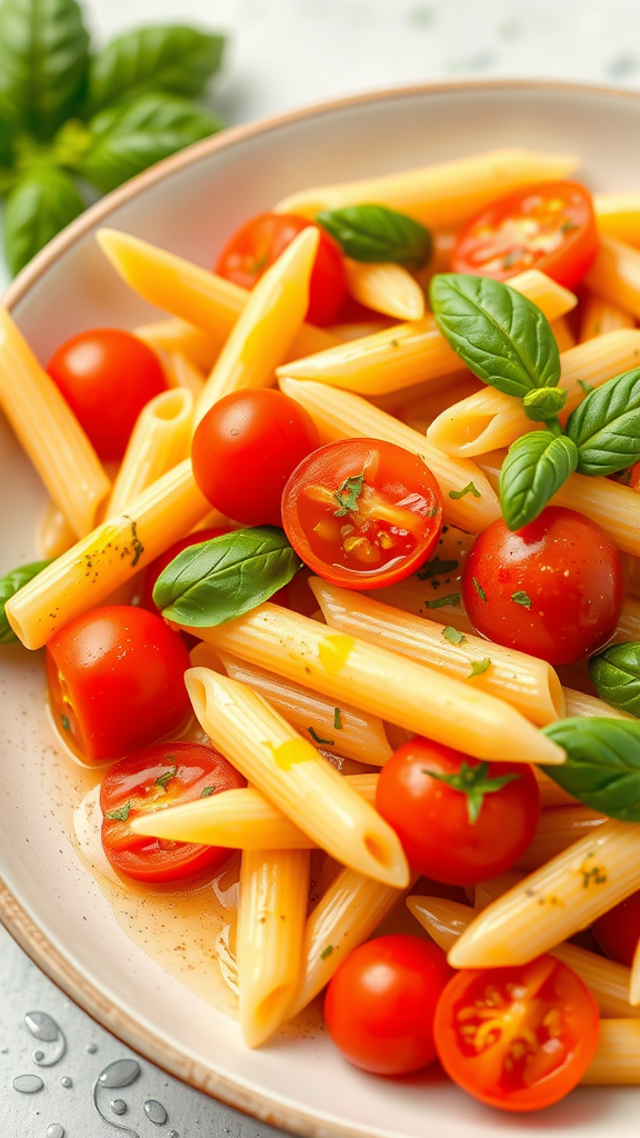 A plate of penne pasta with cherry tomatoes and fresh basil leaves.