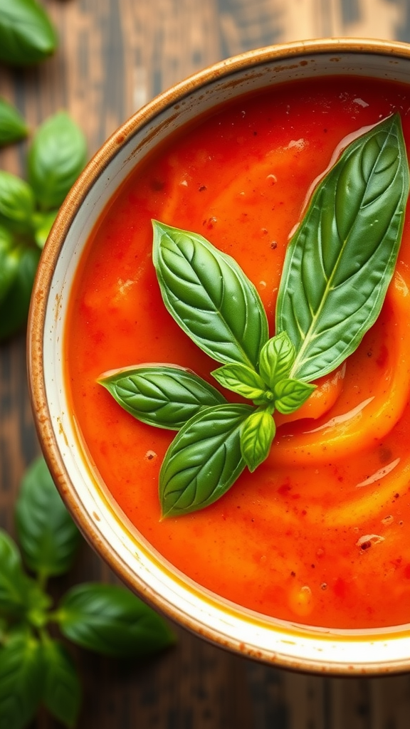 A bowl of tomato basil soup topped with fresh basil leaves.