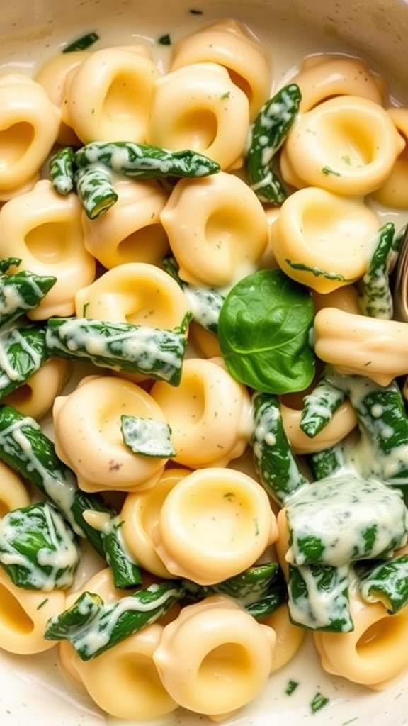 A bowl of tortellini with spinach in creamy Alfredo sauce