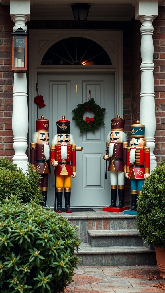 A winter porch decorated with traditional nutcracker figures standing at the entrance, surrounded by greenery and a wreath on the door.