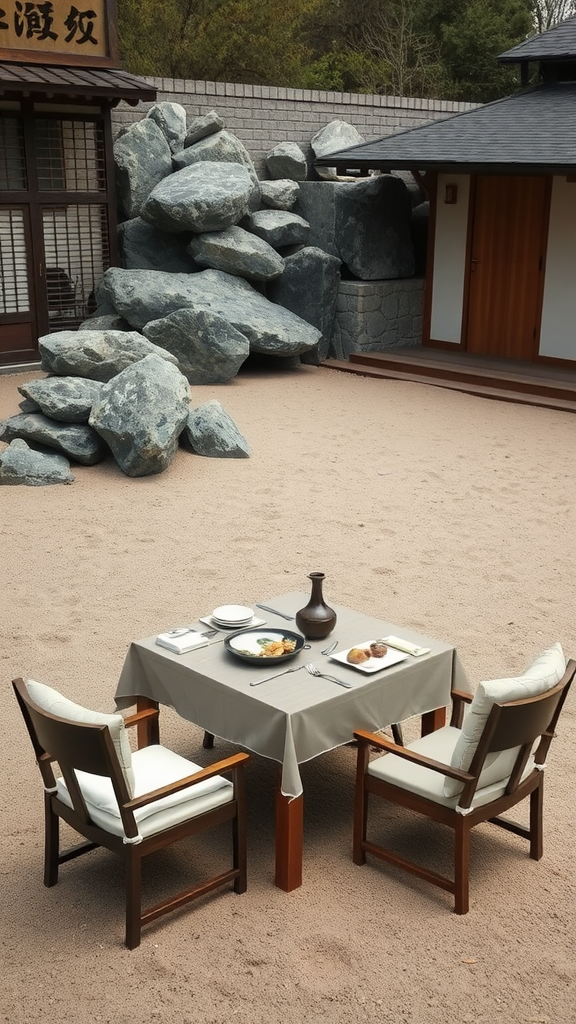 A cozy dinner setup in a tranquil Zen garden with a table and two chairs.