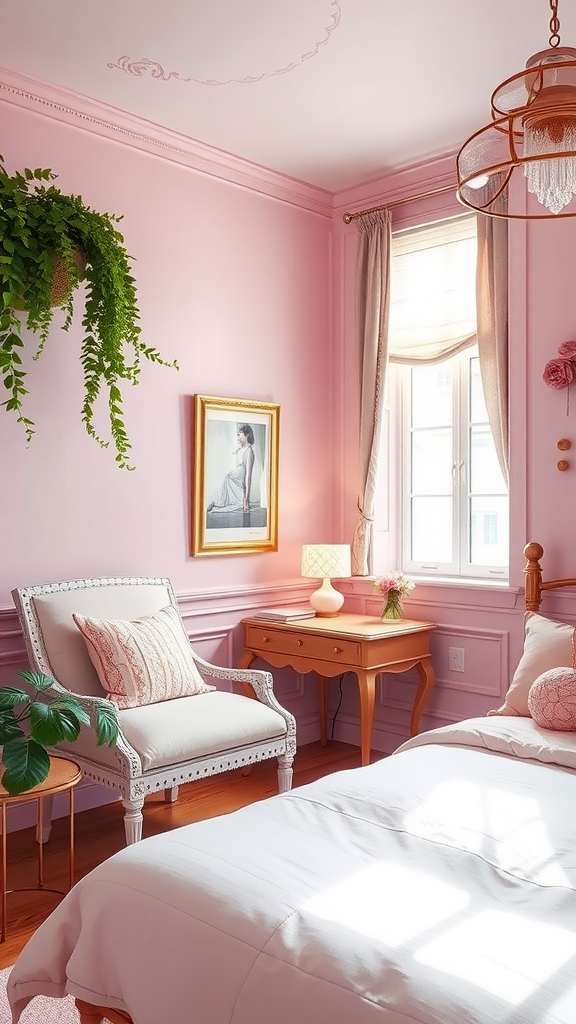 A cozy light pink bedroom with a trendy gallery wall arrangement featuring various framed artworks.