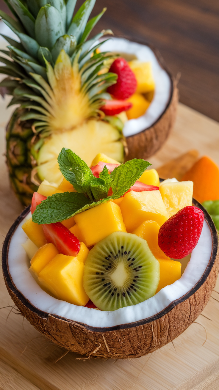 Delicious Valentine's Day Breakfast Recipes: A colorful tropical fruit salad served in coconut shells topped with mint leaves.