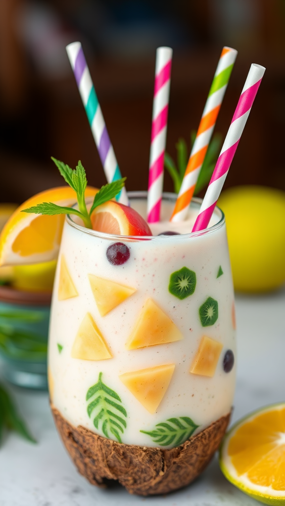 A colorful tropical smoothie with various fruits and greens, garnished with multiple straws.