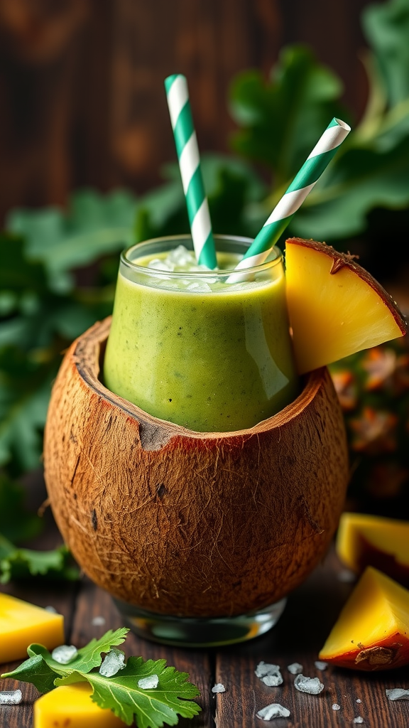 A green smoothie in a coconut shell with pineapple and kale surrounding it.