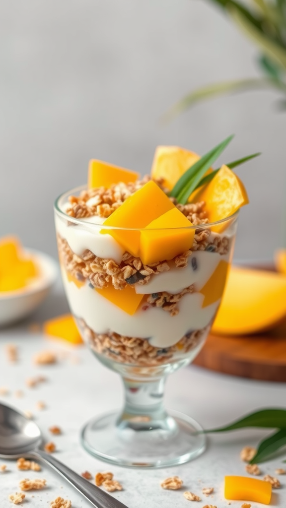 A glass parfait with layers of yogurt, granola, and mango pieces