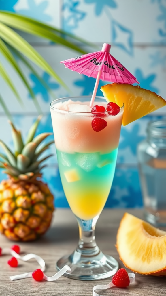 A colorful tropical mocktail with a pink umbrella, garnished with cherries and pineapple, set against a bright background.