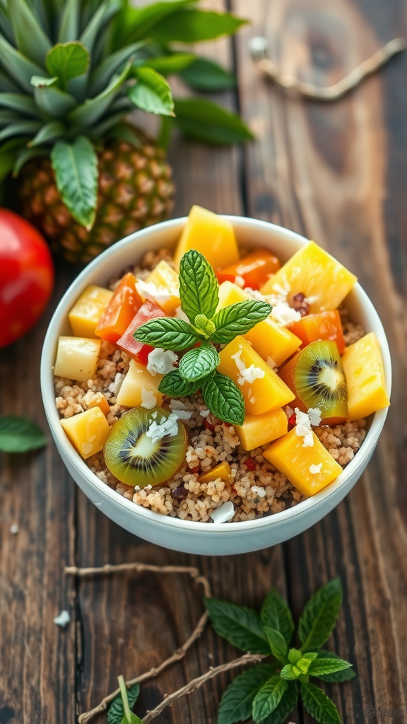 A colorful bowl of quinoa topped with various fruits like mango, kiwi, and pineapple, garnished with mint on a wooden surface.