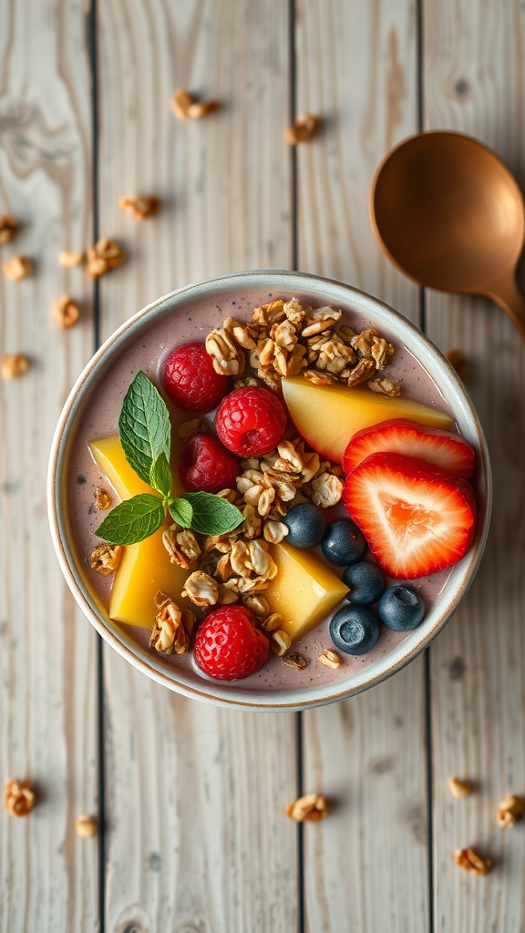 A colorful tropical smoothie bowl topped with granola, raspberries, blueberries, mango, and a sprig of mint.