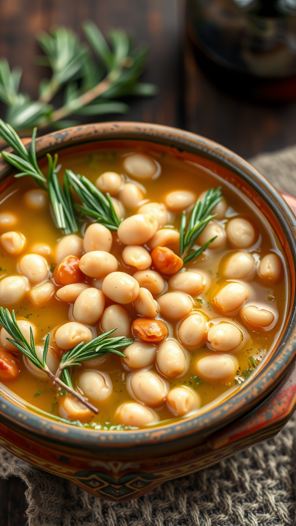 A bowl of Tuscan White Bean Soup garnished with rosemary.